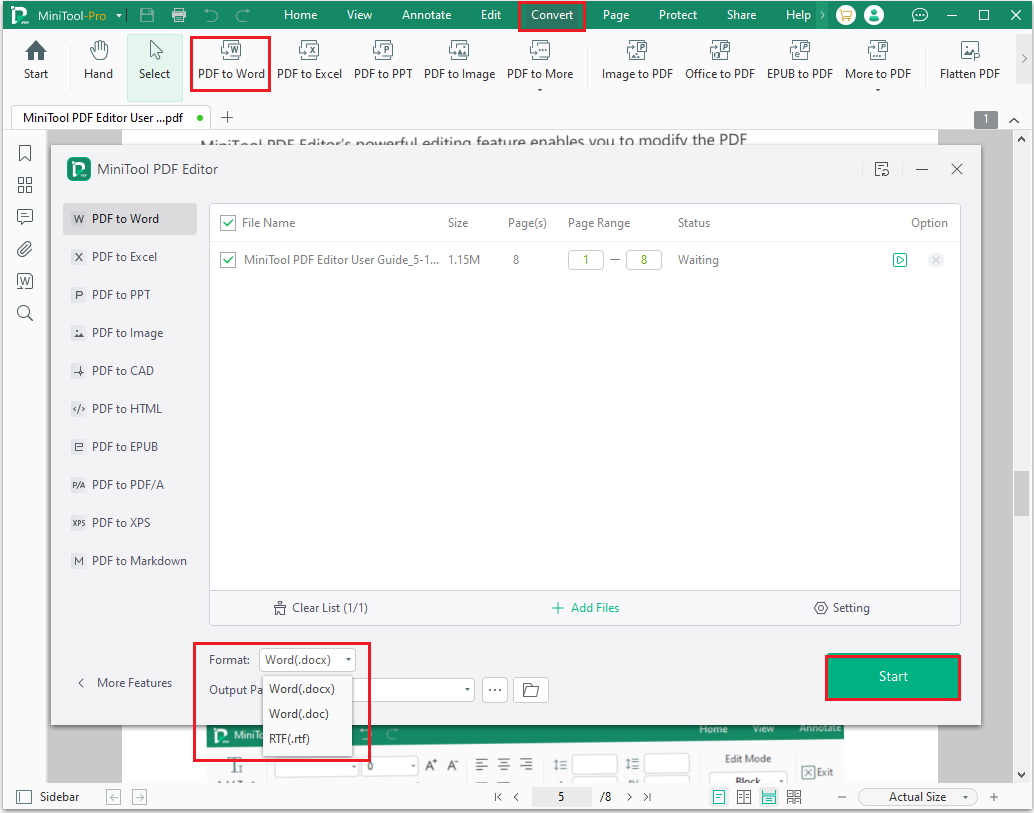 convert PDF to Word in MiniTool PDF Editor
