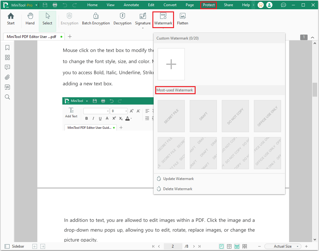add watermark in PDF by using MiniTool PDF Editor