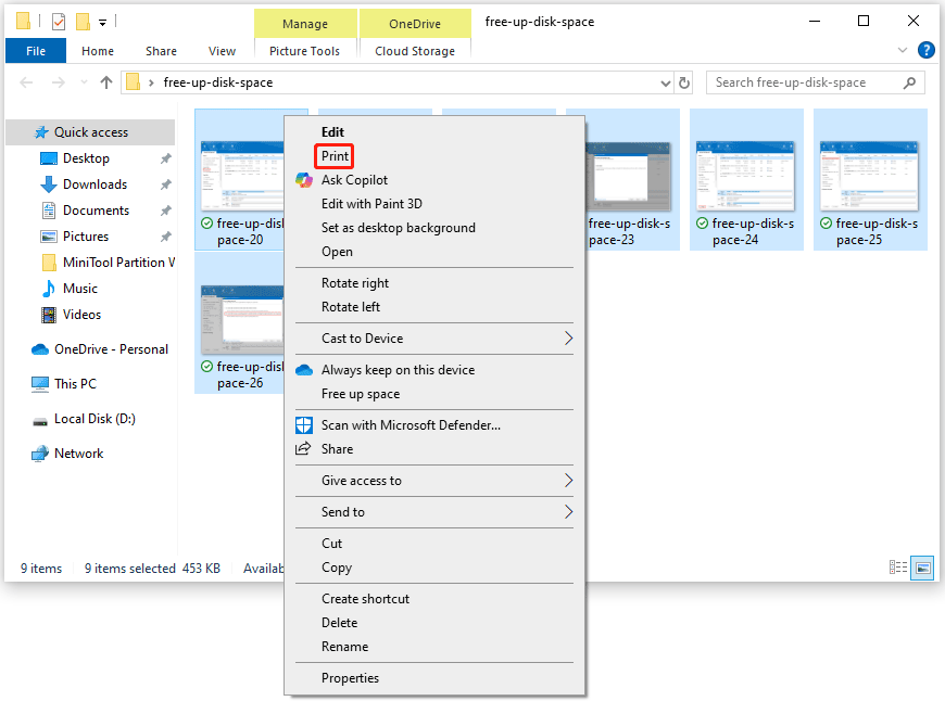 choose pictures to print in File Explorer