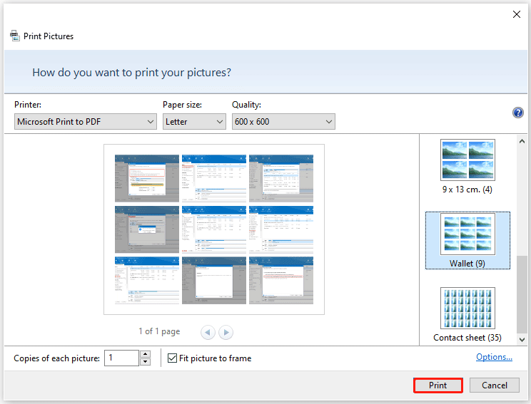 adjust settings to choose paper size and layout
