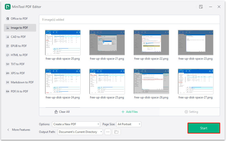 upload the pictures and start the conversion in MiniTool PDF Editor