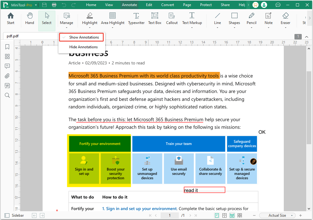 screenshot showing the Show Annotations feature of MiniTool PDF Editor