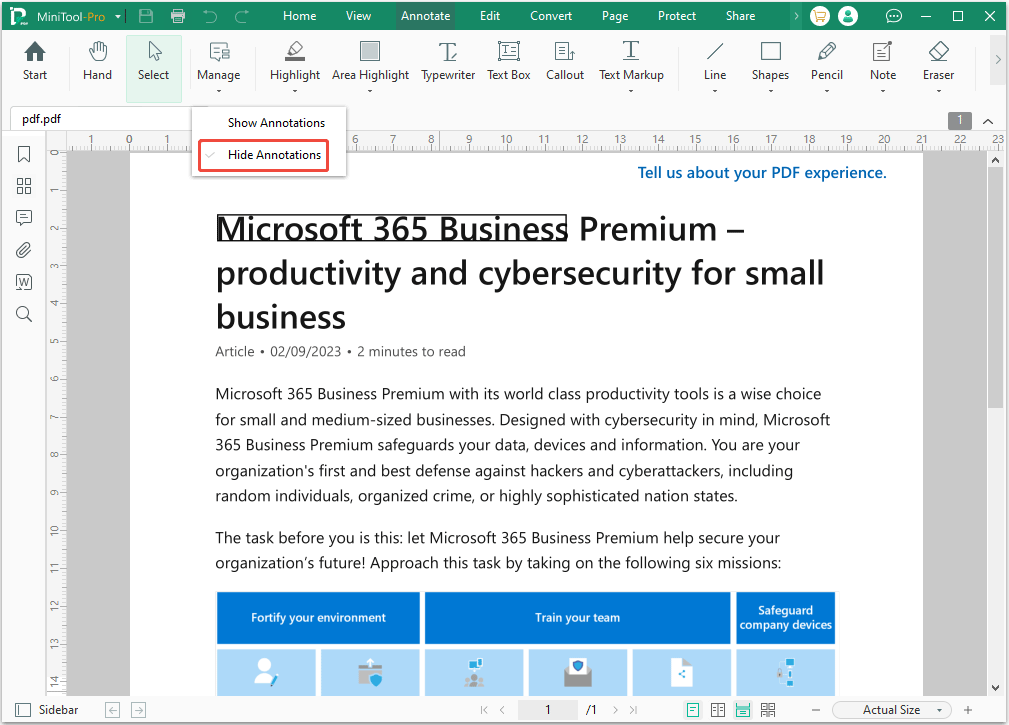 screenshot showing the Hide Annotations feature of MiniTool PDF Editor