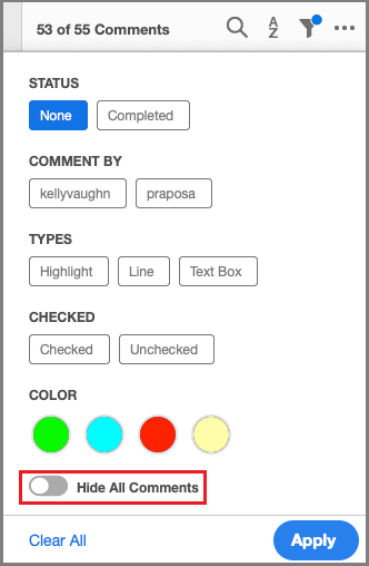 screenshot showing comment filter in Adobe Acrobat