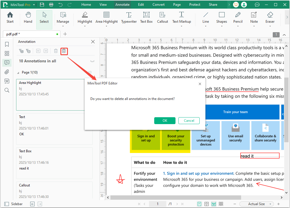 screenshot showing deleting all annotations in MiniTool PDF Editor