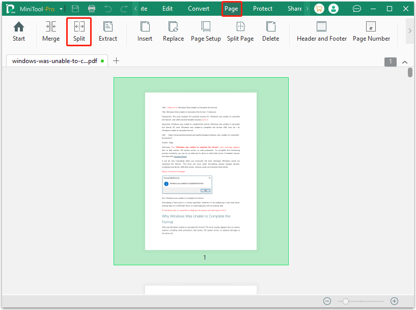 click Split in MiniTool PDF Editor