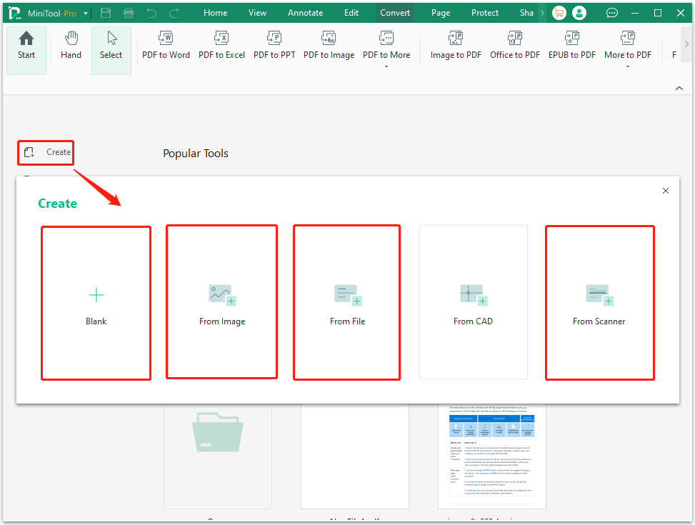 The Create from Blank, Image, File, Scanner option selected in the MiniTool PDF Editor interface.
