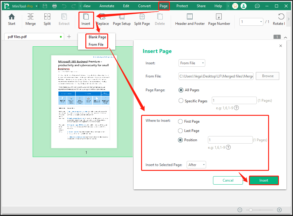 MiniTool PDF Editor interface with the Page and Insert feature highlighted to create a multiple page PDF.