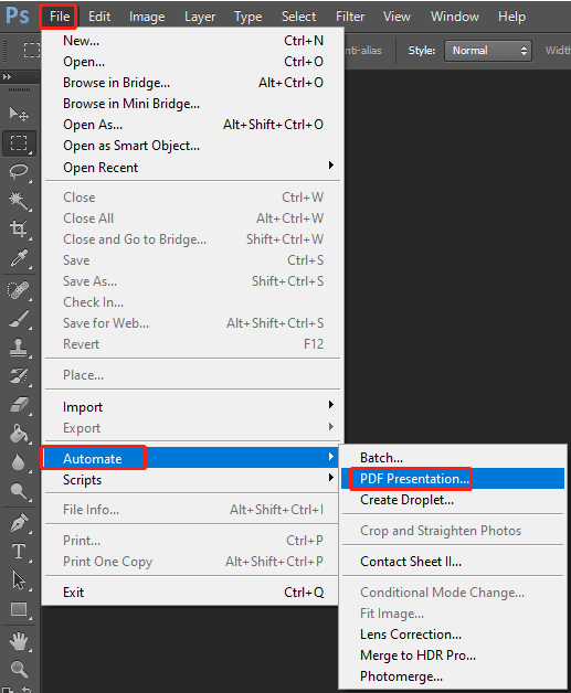 The File, Automate, and PDF Presentation option highlighted in the Photoshop interface.