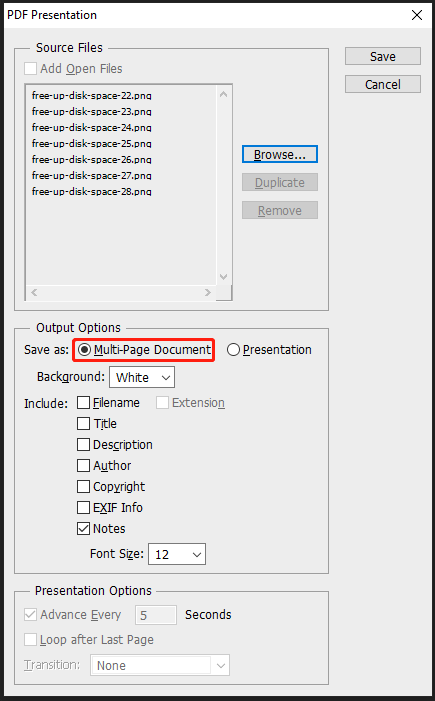 The Multi-Page Documents option selected next to Save as in the Photoshop interface.
