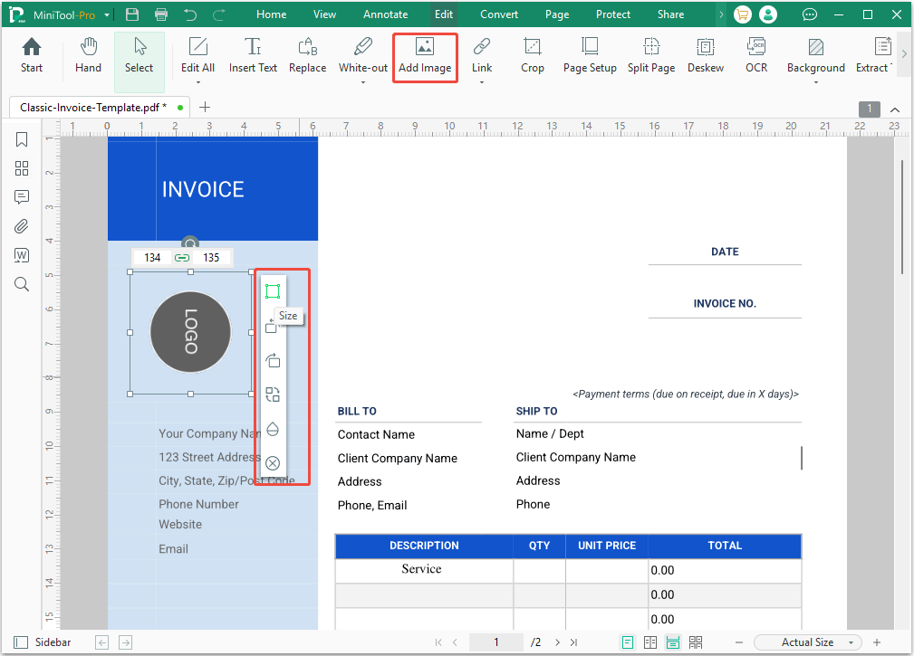 screenshot of adding and editing an image in MiniTool PDF Editor
