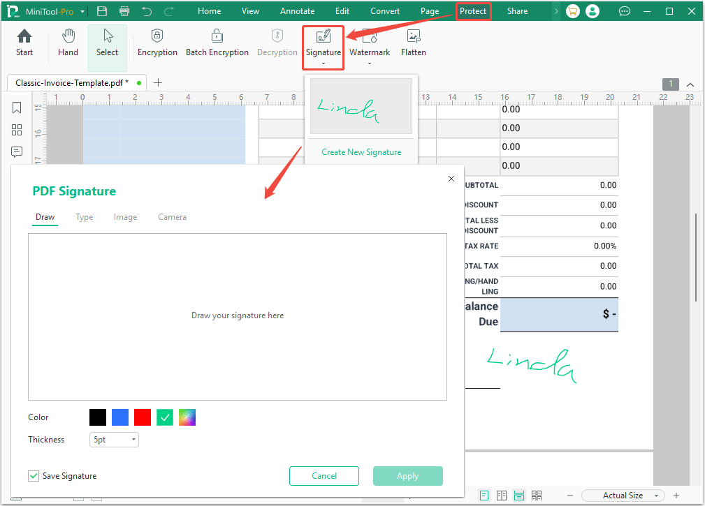 screenshot of adding a signature in MiniTool PDF Editor