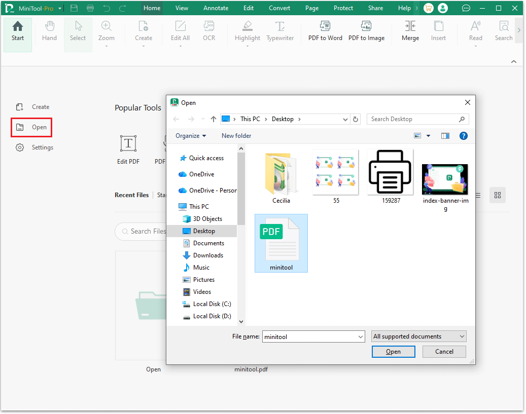 open a PDF file in MiniTool PDF Editor