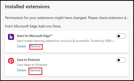 remove extensions in Microsoft Edge