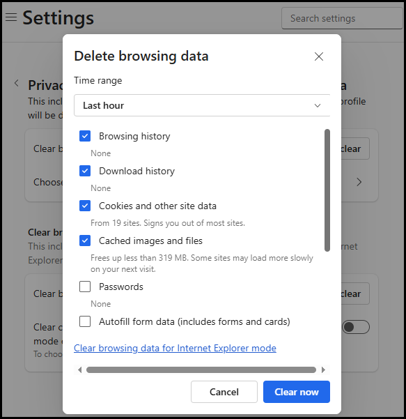 clear cache and cookies