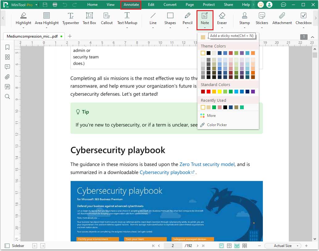 The interface of MiniTool PDF Editor with selected Annotate and Note.