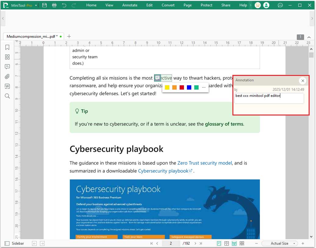 The process of adding notes in PDF via MiniTool PDF Editor.