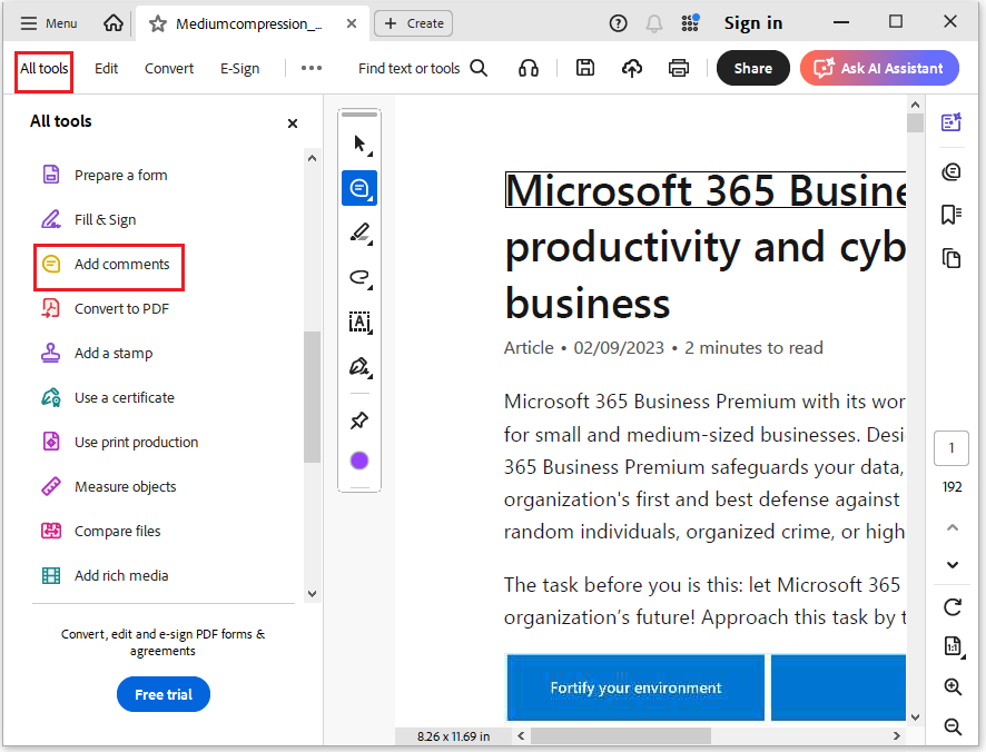 The interface of Adobe Acrobat with selected All tools and Add comments.