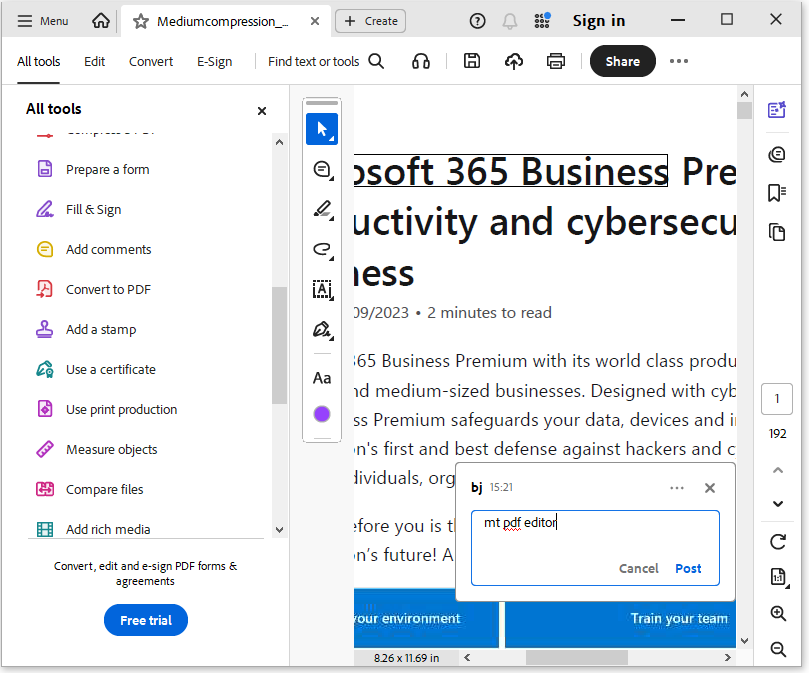 The process of adding notes in PDF via Adobe Acrobat.