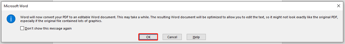 The Microsoft Word prompted message to convert the PDF to an editable Word.
