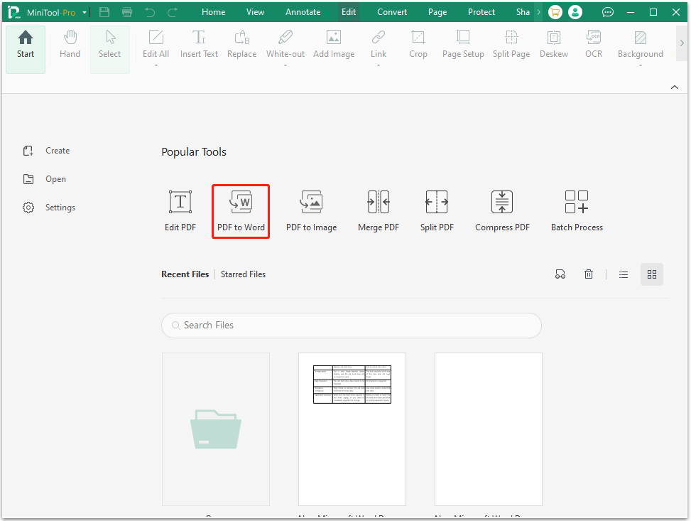 Alt= The PDF to Word feature selected to convert PDF to Word in the MiniTool PDF Editor main interface.