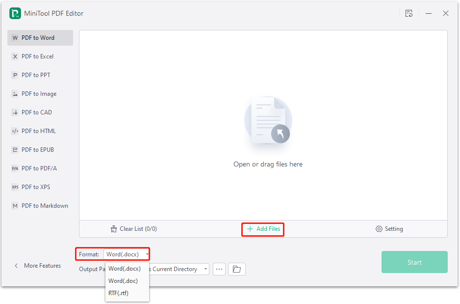 The MiniTool PDF Editor interface with the process of uploading the PDF file and choosing Word format.