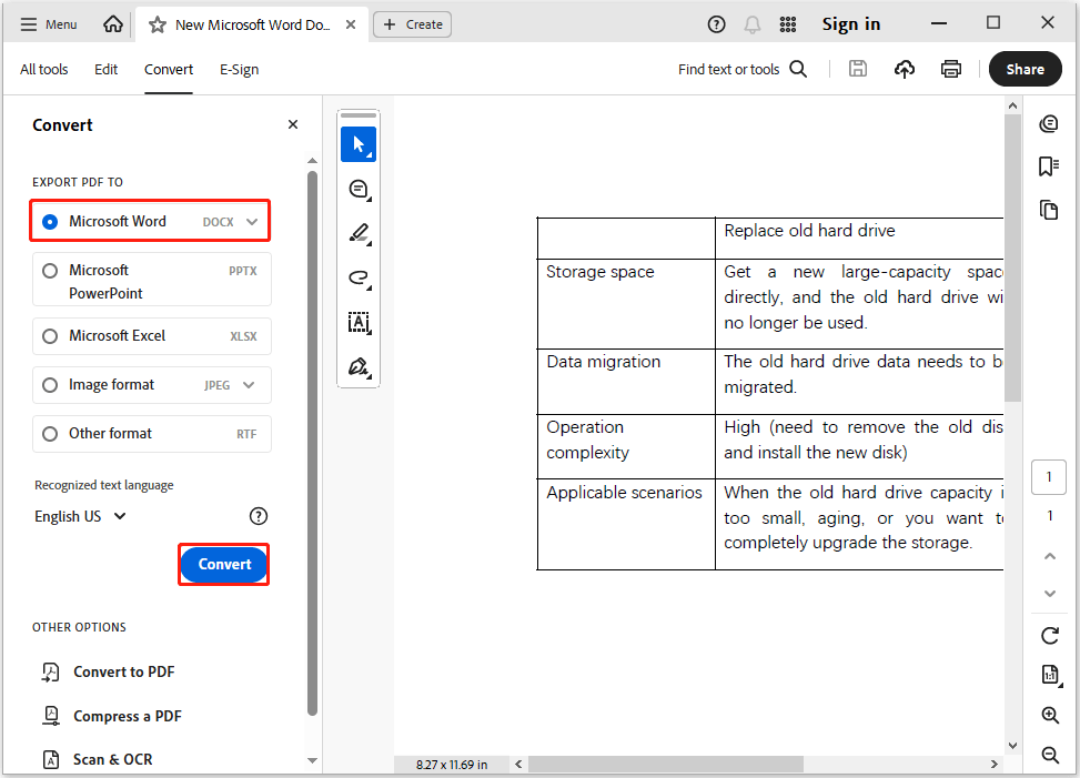 Adobe Acrobat interface with the process of converting PDF to Word.