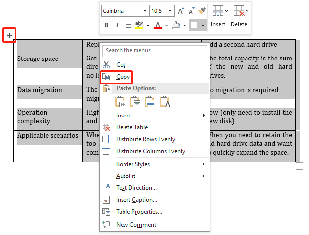 The Copy options selected to copy the table from PDF to Word in the Microsoft Word interface.