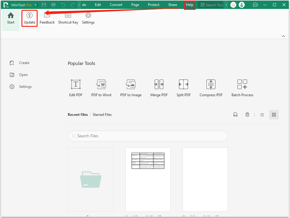 The Help and Update option selected in the top toolbar of the MiniTool PDF Editor interface.
