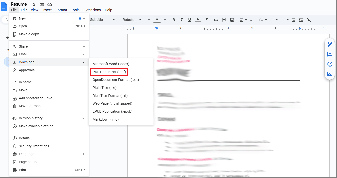 Google Docs Download options.