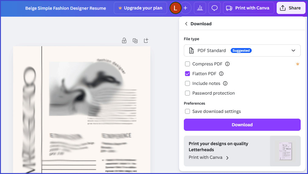Canva Download interface with the selected PDF file type.