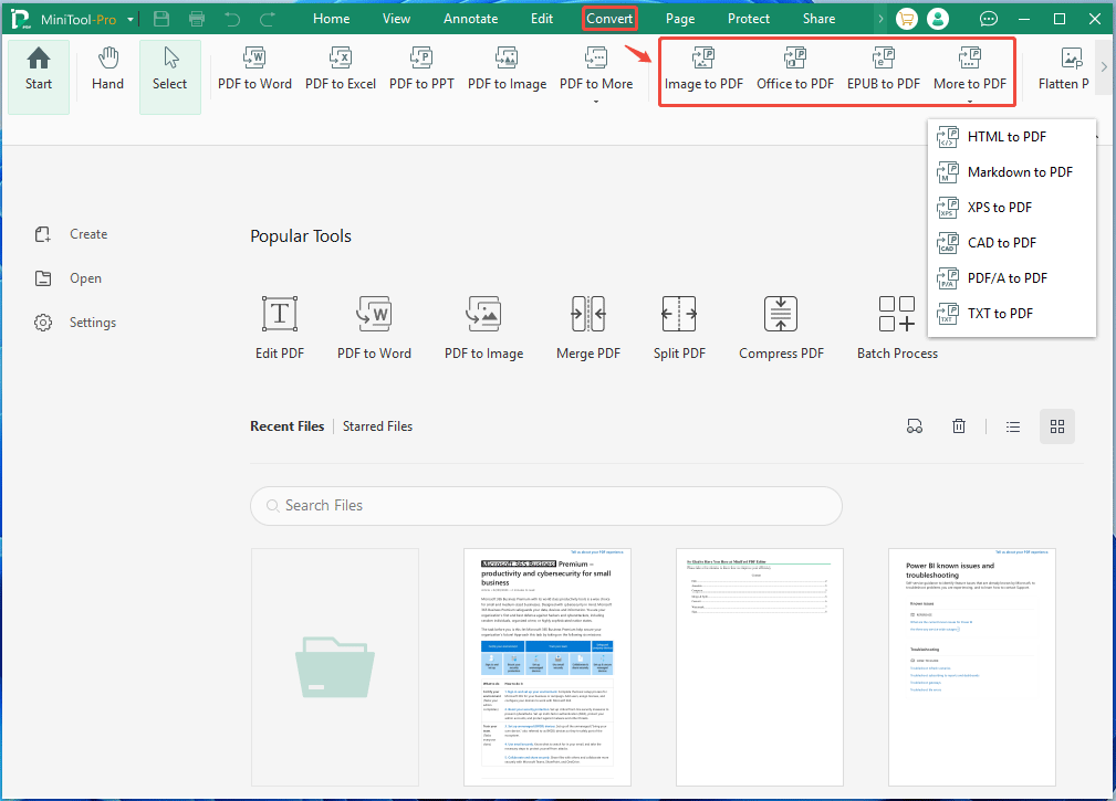 MiniTool PDF Editor Convert tab.