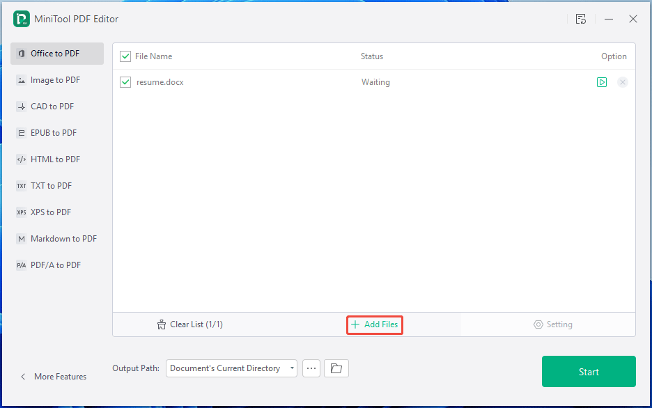MiniTool PDF Editor Office to PDF conversion window with the selected Add Files button.