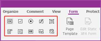 Foxit PDF Editor Form tab with form field type buttons.