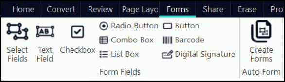 Nitro PDF Forms tab with the form field type buttons.