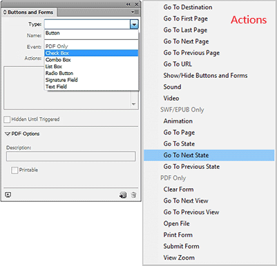 InDesign Buttons and Forms panel with the Type and Actions menus.