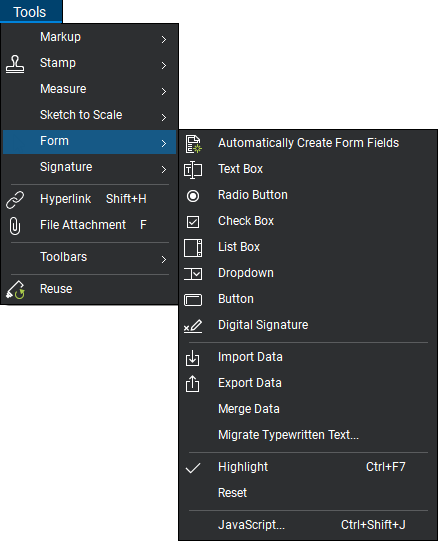 Bluebeam Revu Form menu.