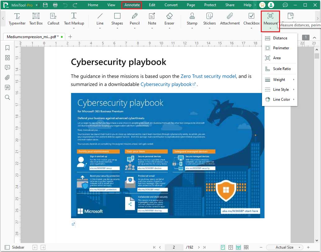 The interface of MiniTool PDF Editor with the selected Annotate and Measure.