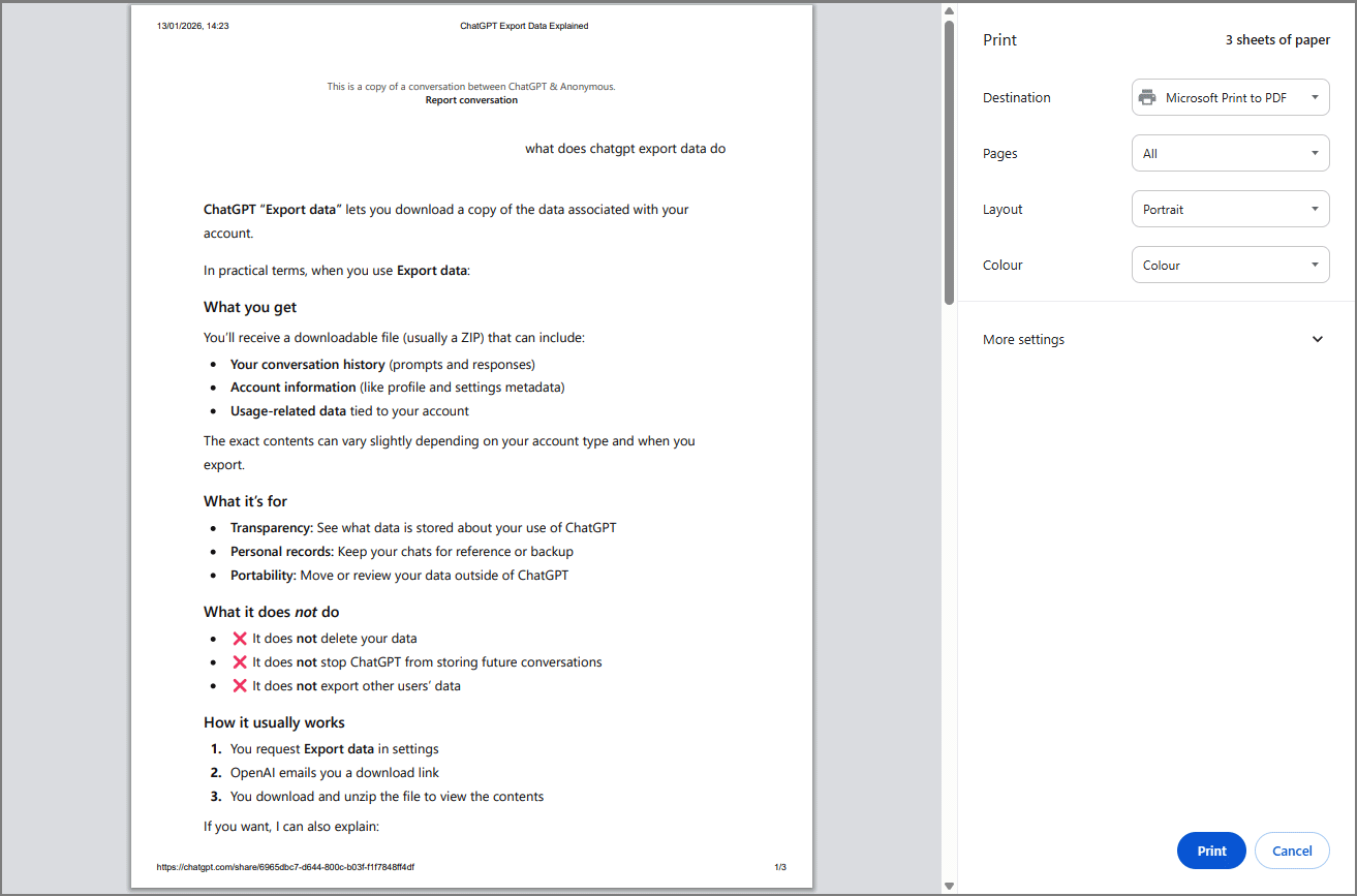 A print interface of a ChatGPT conversation in Google Chrome.