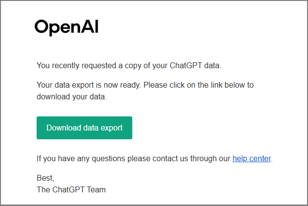 The Download data export button in an email sent by OpenAI.