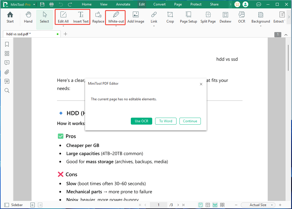 The Edit tab of MiniTool PDF Editor with the highlighted Edit All, Insert Text, and White out features.