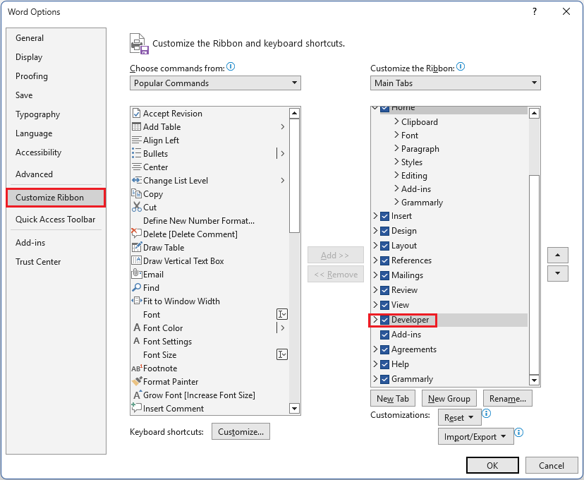 The Customize Ribbon tab of the Word Options interface.