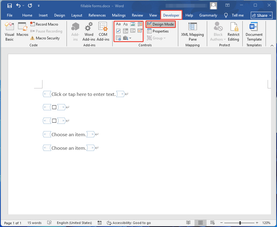 The Developer mode with the Controls section in Microsoft Word.