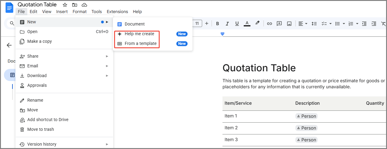 The menu bar of Google Docs and the expanded File menu.
