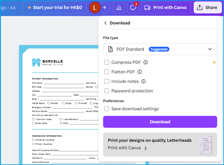 Canva interface with the Download panel. 