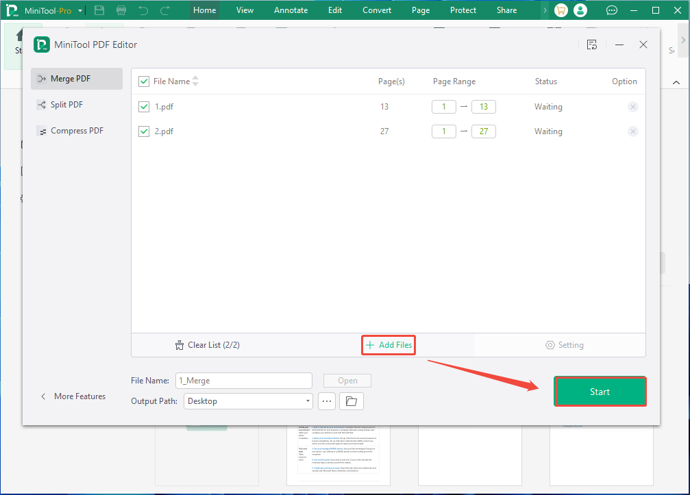 MiniTool PDF Editor interface with the Merge PDF window.