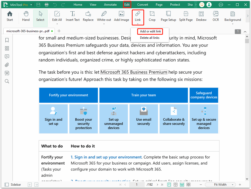 The Edit Link Add or edit link options selected to add a link to a PDF in MiniTool PDF Editor.