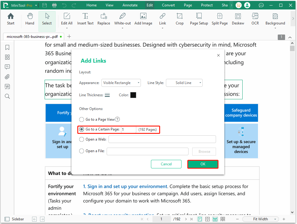 The Go to a Certain Page option selected to link to page in PDF in MiniTool PDF Editor.