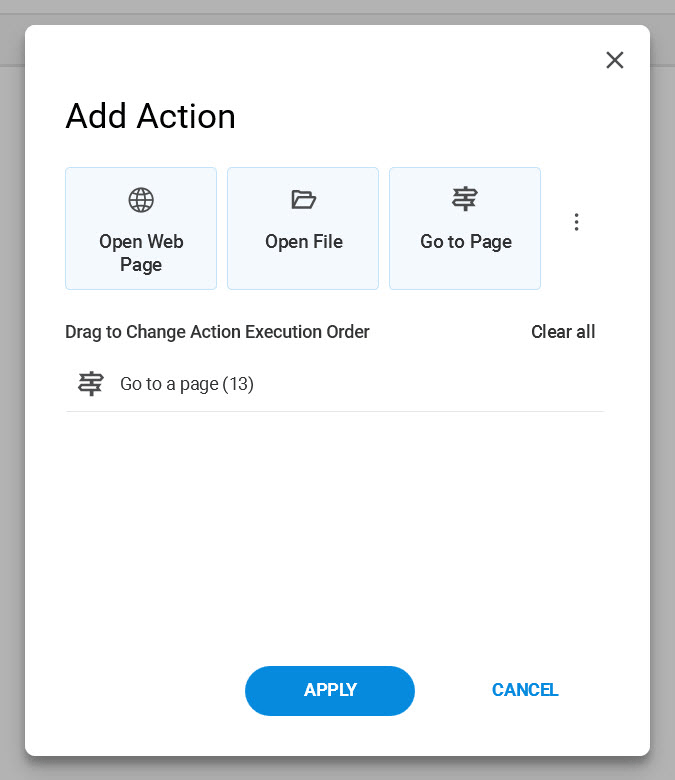The Add Action window with different options to create a link.