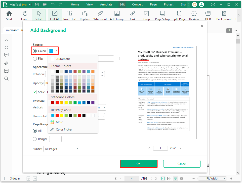 MiniTool PDF Editor interface with the Add Background window, in which the Color section is emphasized.